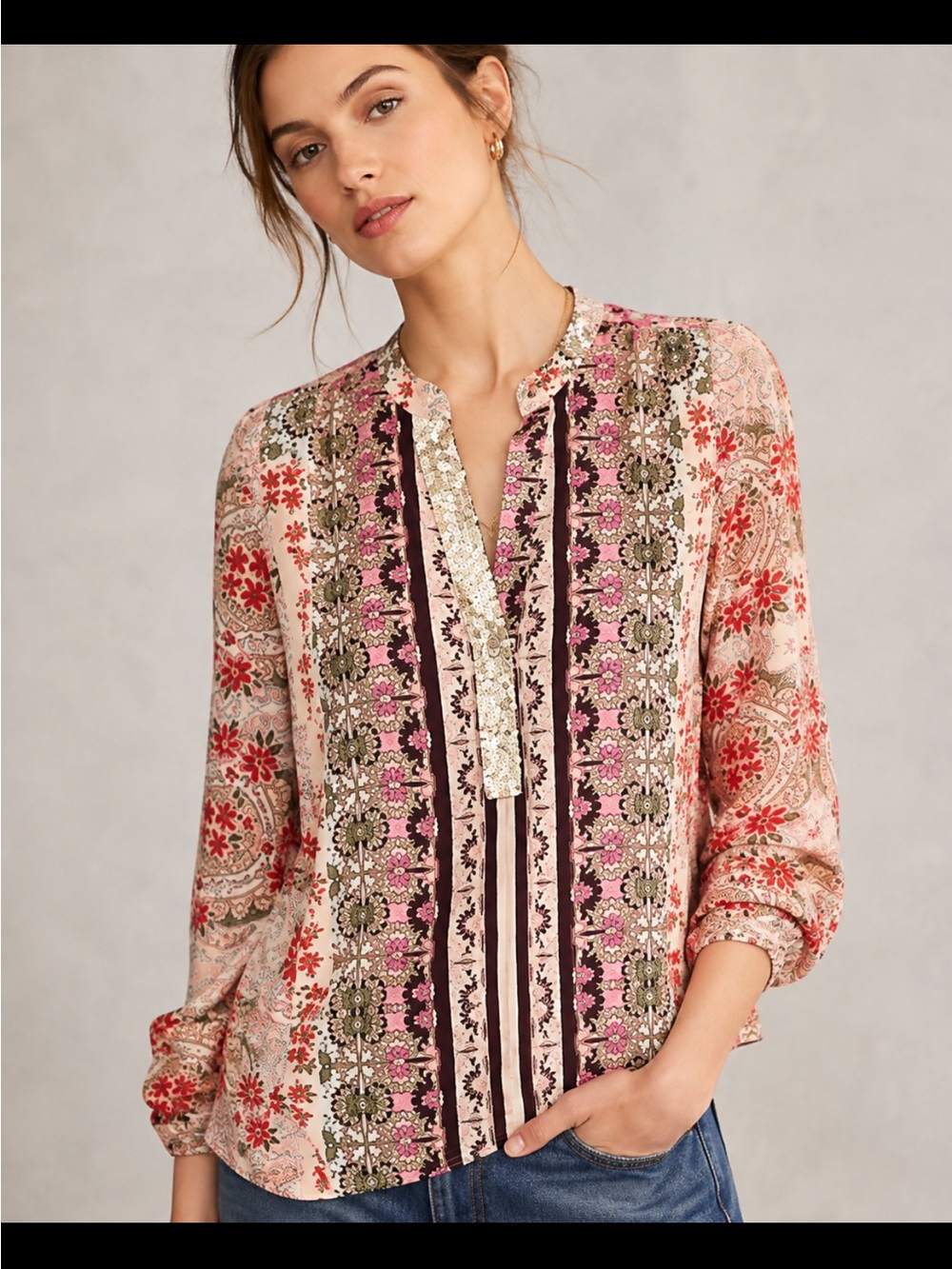 Anthropologie Tiny Devas Popover Floral Sequin Mixed Material Pink